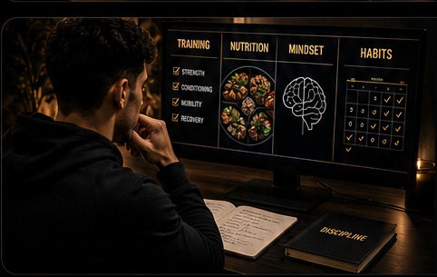 A clothed athlete reviewing a structured training nutrition habits and mindset system